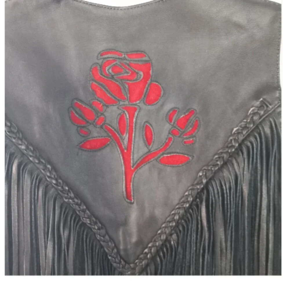 Hot Leathers Womens Fringe Leather Vest M Black Red Rose Lace UP Sides Snaps EUC - Picture 9 of 16